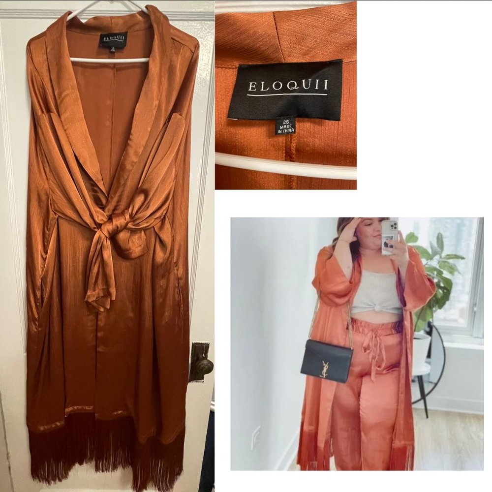 Eloquii Duster Fringe Tassel Cardigan Rust Jacket